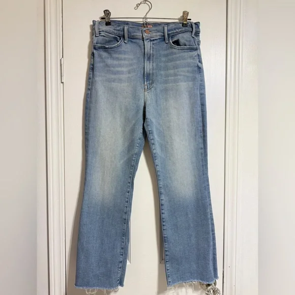 MOTHER The Hustler High Rise cropped Leg Ankle Fray Jeans Au Revoir size 32